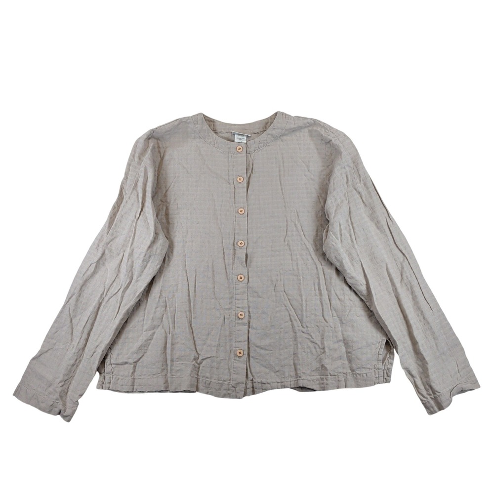Eileen Fisher Womens Medium Beige Cotton Linen Button Up Band Collar Blouse USA